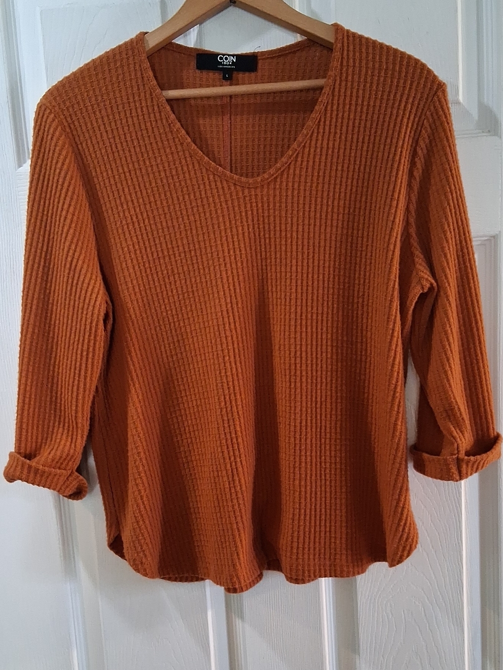 Coin 1804 Orange Waffle Knit V-Neck Pullover